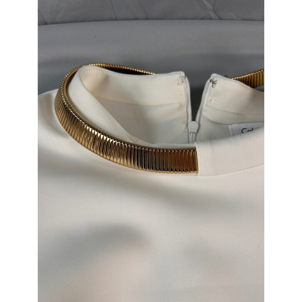 Calvin Klein White Sleeveless Shift Dress Gold Metal Collar Detail Size 14 - Picture 9 of 11